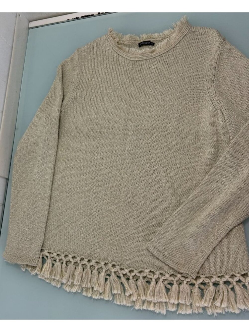 J. McLaughlin Knit Sweater Women's XL Metallic Weave Tassel fringed Neck Boho